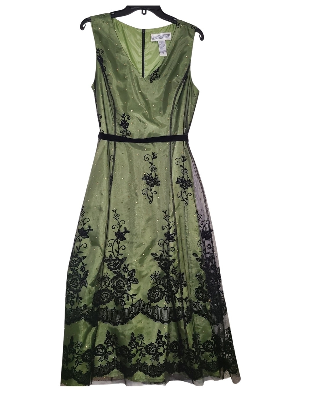 Jessica Howard Sage Green Black Floral Lace Tulle Dress 12